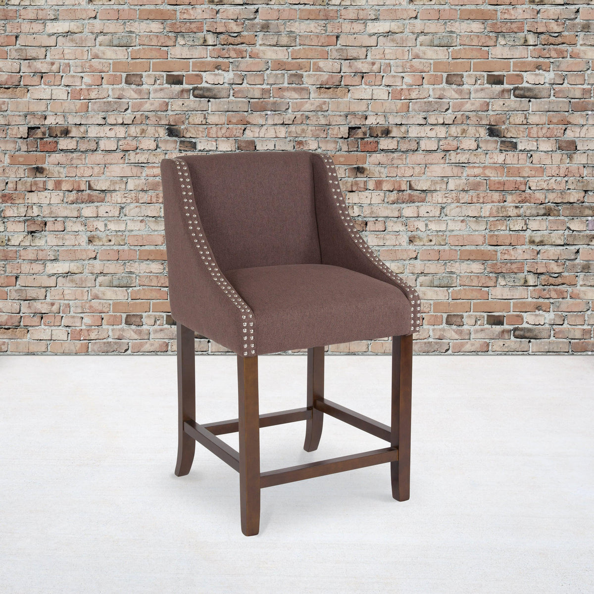 Brown Fabric |#| 24inchH Walnut Counter Stool with Accent Nail Trim - Brown Fabric