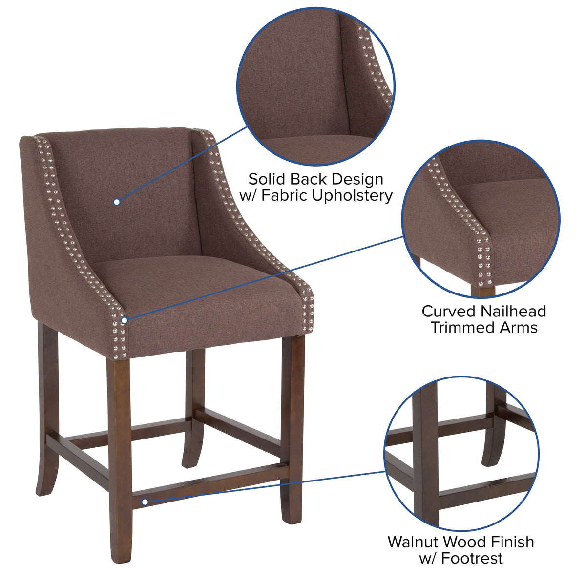Brown Fabric |#| 24inchH Walnut Counter Stool with Accent Nail Trim - Brown Fabric
