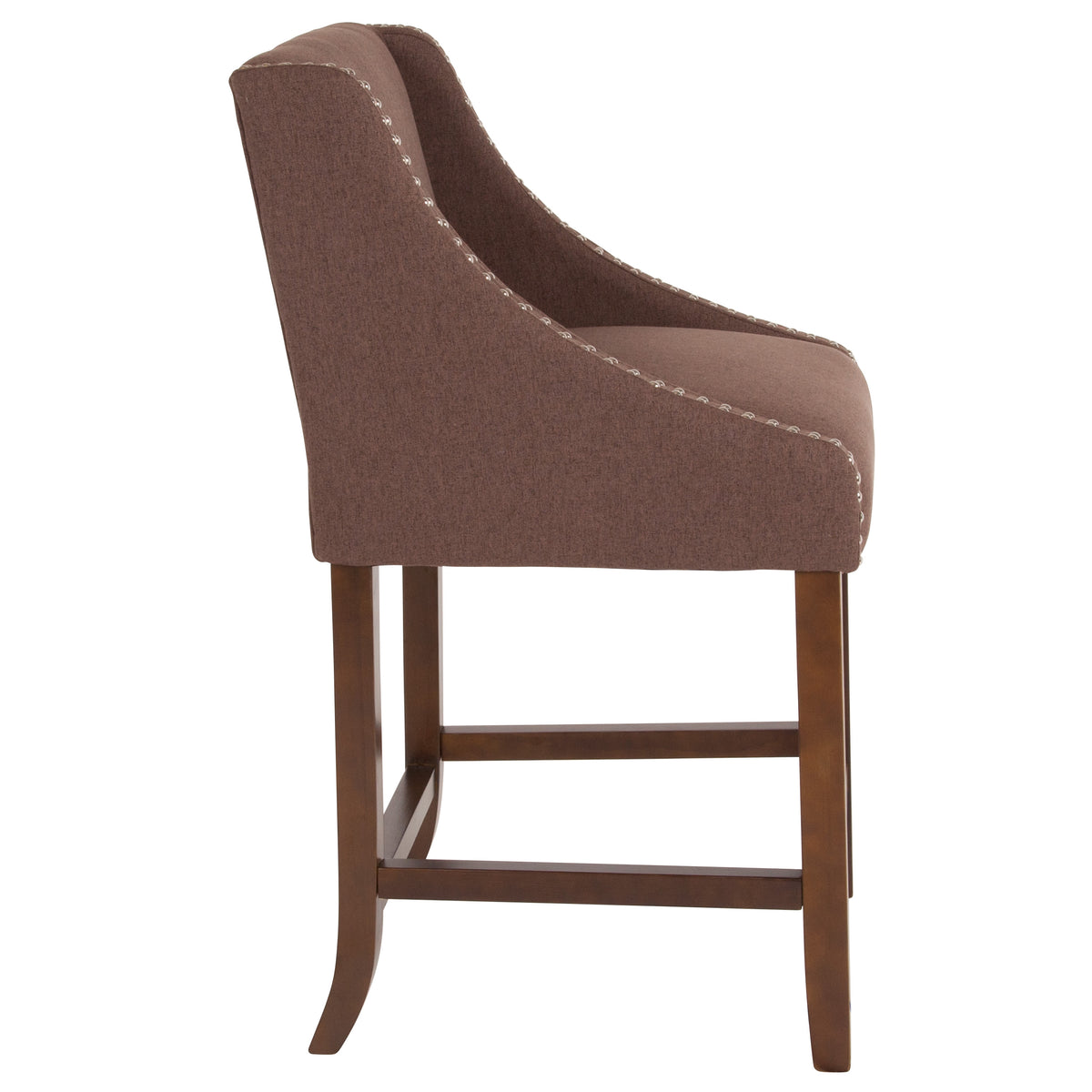 Brown Fabric |#| 24inchH Walnut Counter Stool with Accent Nail Trim - Brown Fabric