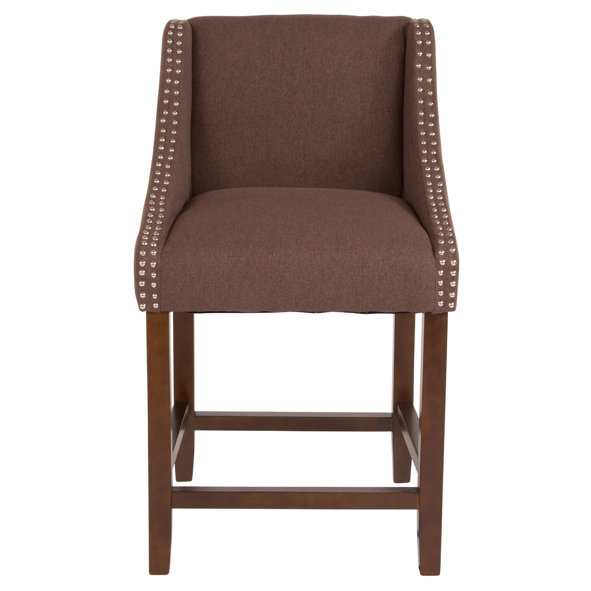 Brown Fabric |#| 24inchH Walnut Counter Stool with Accent Nail Trim - Brown Fabric
