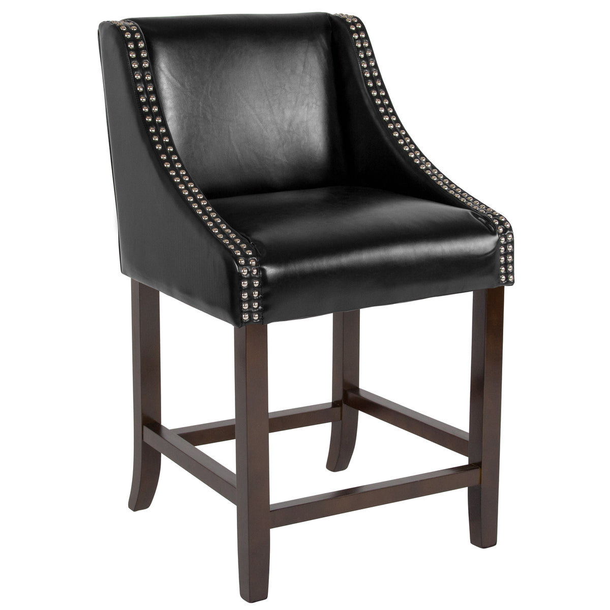 Black LeatherSoft |#| 24inchH Walnut Counter Stool with Accent Nail Trim - Black LeatherSoft