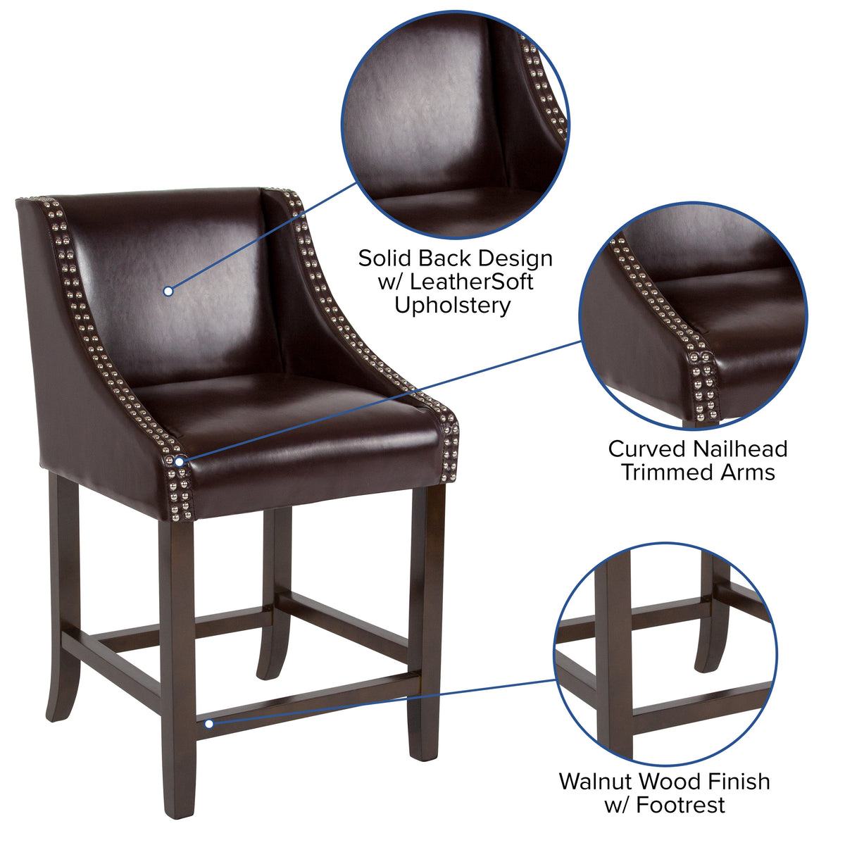 Brown LeatherSoft |#| 24inchH Walnut Counter Stool with Accent Nail Trim - Brown LeatherSoft