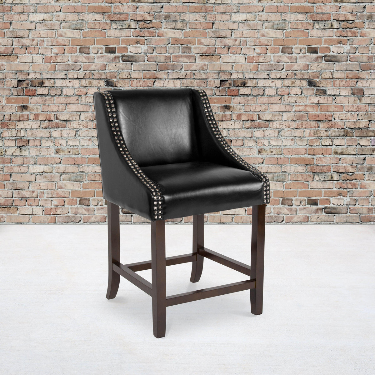 Black LeatherSoft |#| 24inchH Walnut Counter Stool with Accent Nail Trim - Black LeatherSoft
