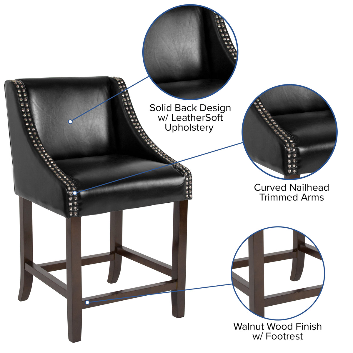 Black LeatherSoft |#| 24inchH Walnut Counter Stool with Accent Nail Trim - Black LeatherSoft