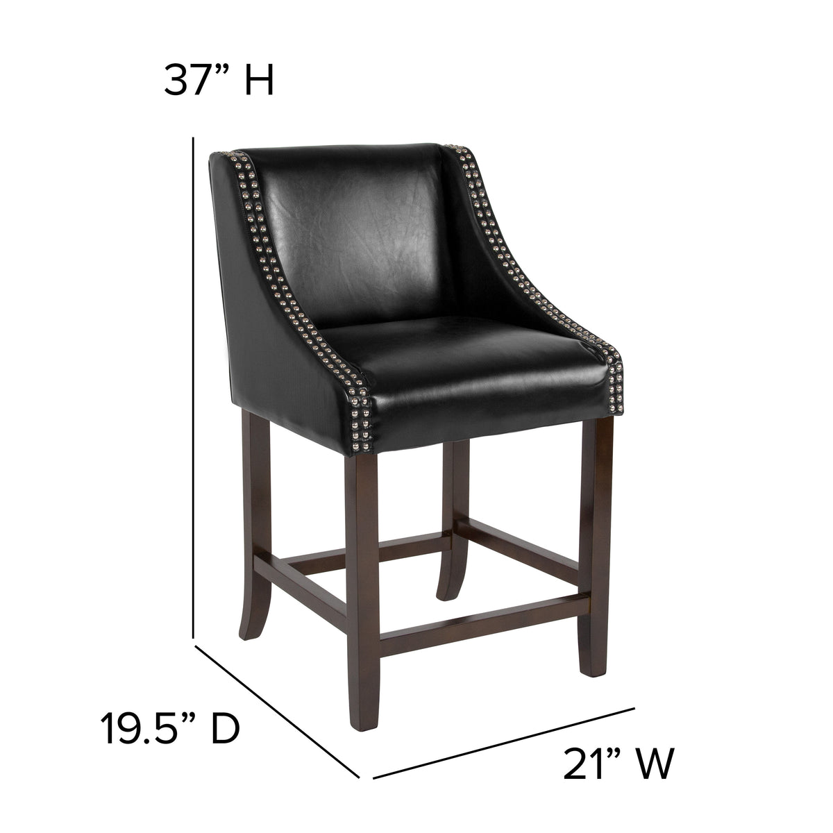 Black LeatherSoft |#| 24inchH Walnut Counter Stool with Accent Nail Trim - Black LeatherSoft