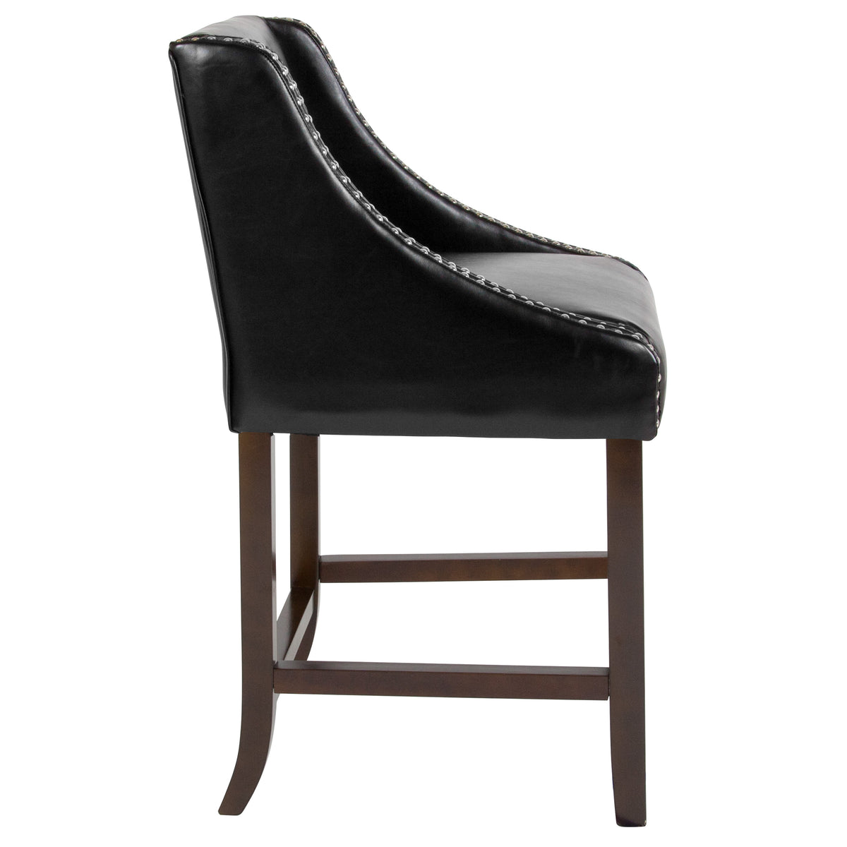 Black LeatherSoft |#| 24inchH Walnut Counter Stool with Accent Nail Trim - Black LeatherSoft
