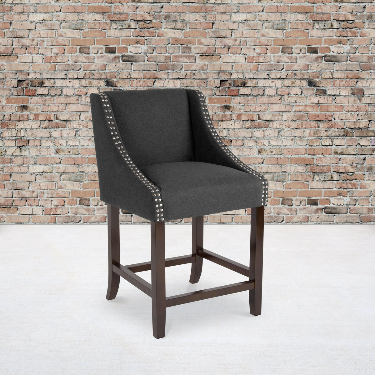 Charcoal Fabric |#| 24inchH Walnut Counter Stool with Accent Nail Trim - Charcoal Fabric