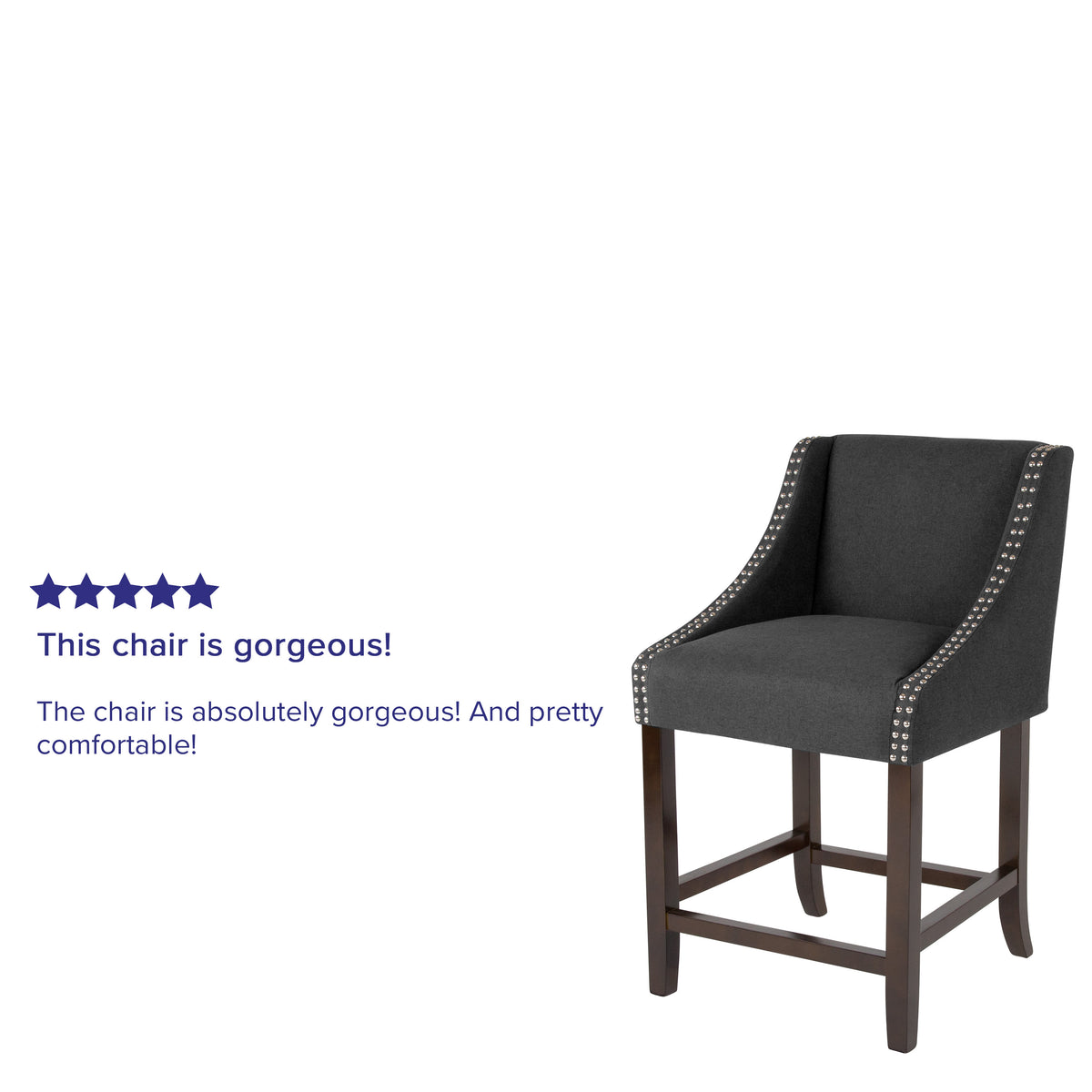 Charcoal Fabric |#| 24inchH Walnut Counter Stool with Accent Nail Trim - Charcoal Fabric