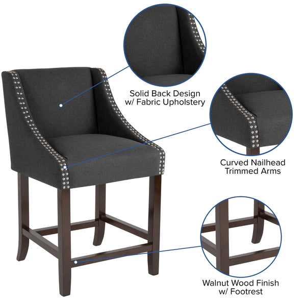 Charcoal Fabric |#| 24inchH Walnut Counter Stool with Accent Nail Trim - Charcoal Fabric