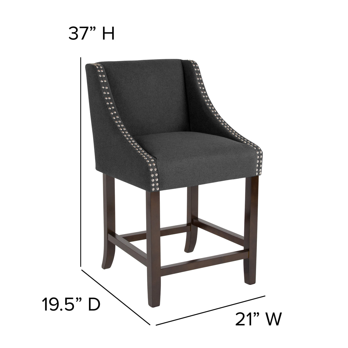 Charcoal Fabric |#| 24inchH Walnut Counter Stool with Accent Nail Trim - Charcoal Fabric