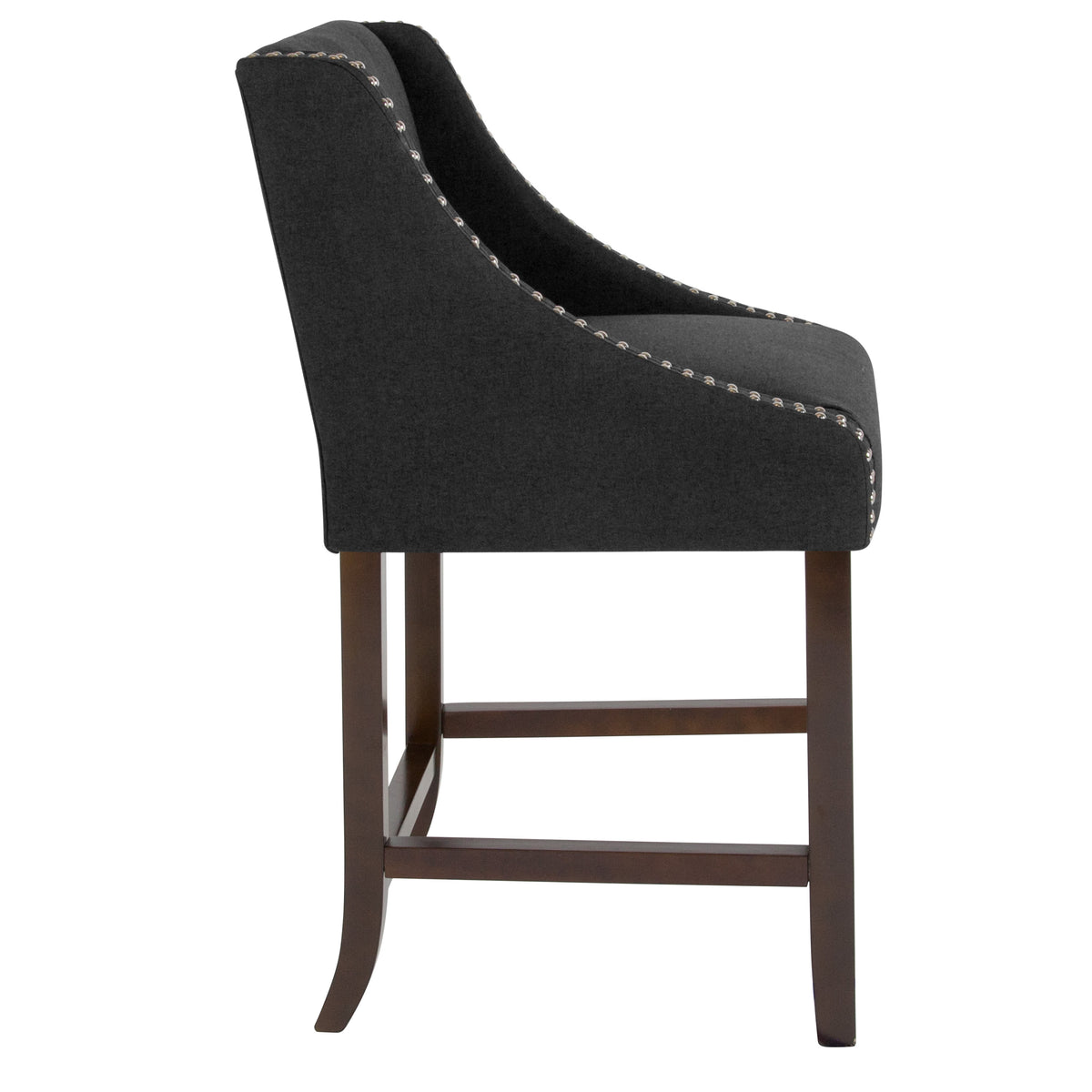 Charcoal Fabric |#| 24inchH Walnut Counter Stool with Accent Nail Trim - Charcoal Fabric