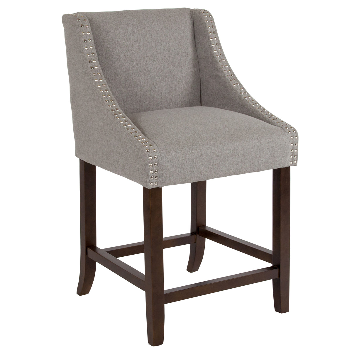 Light Gray Fabric |#| 24inchH Walnut Counter Stool with Accent Nail Trim - Light Gray Fabric