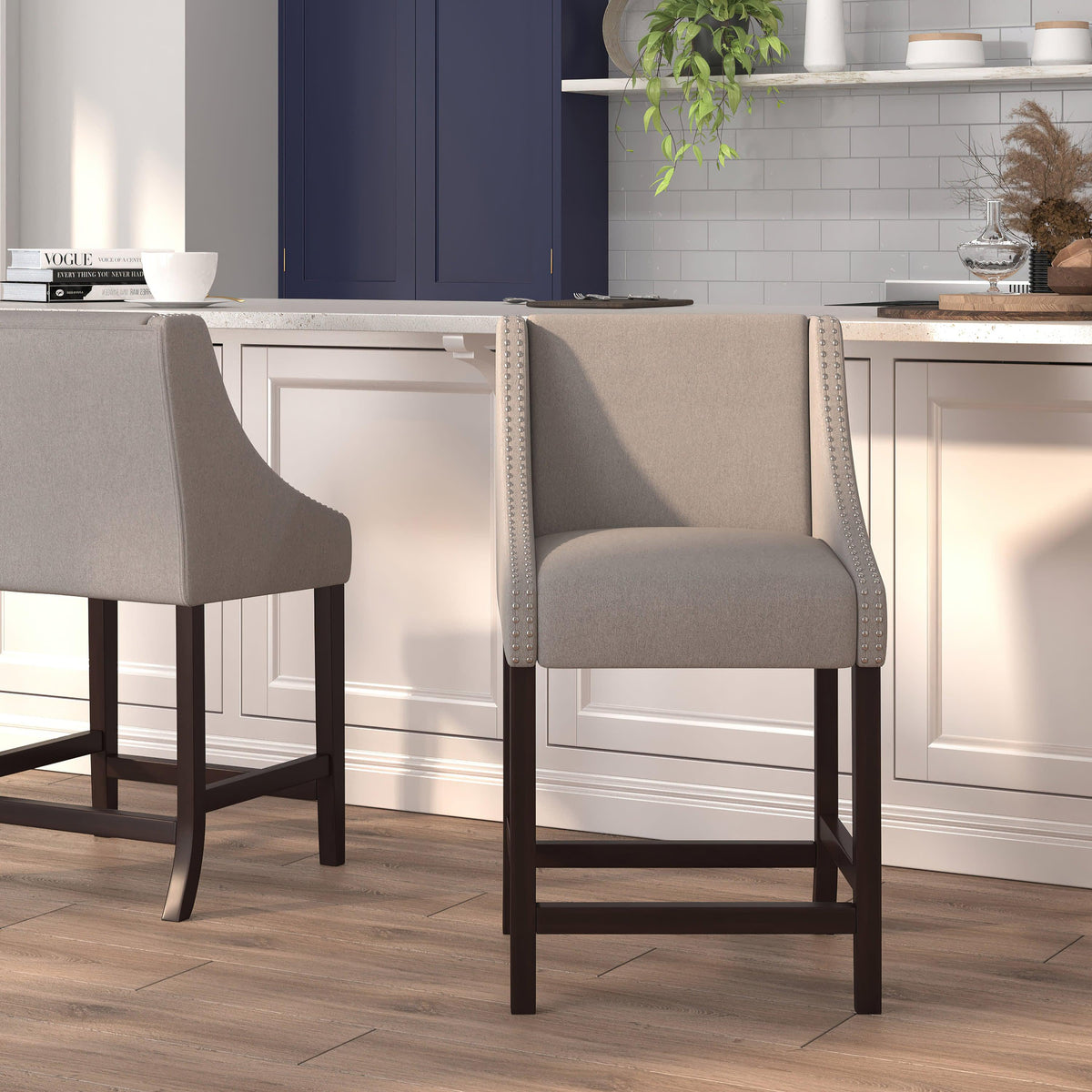 Light Gray Fabric |#| 24inchH Walnut Counter Stool with Accent Nail Trim - Light Gray Fabric