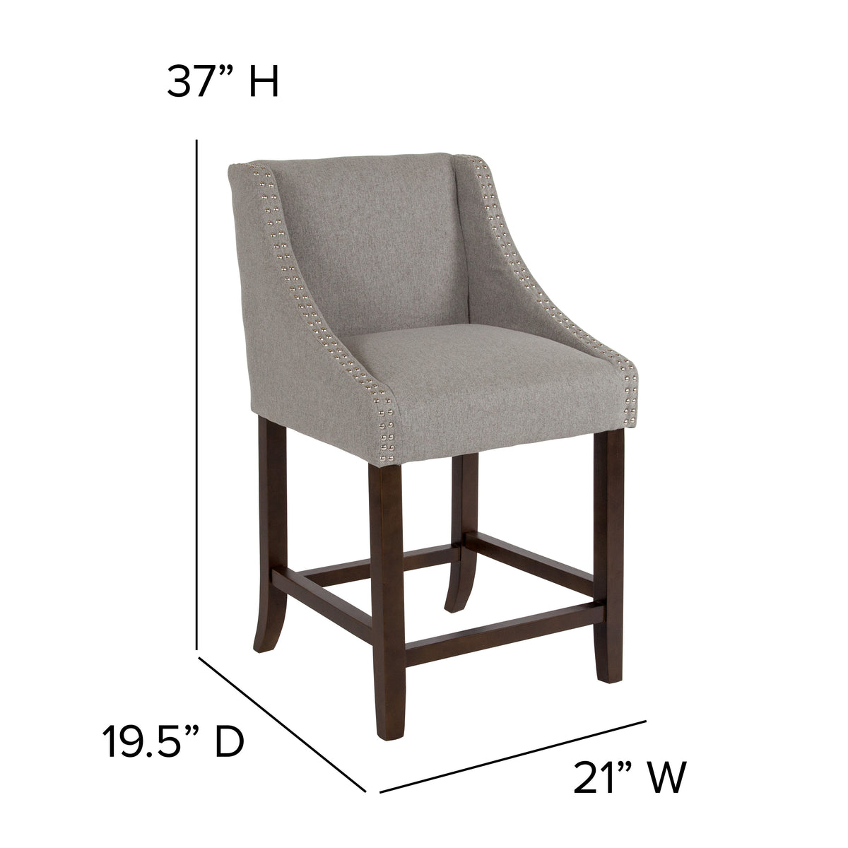 Light Gray Fabric |#| 24inchH Walnut Counter Stool with Accent Nail Trim - Light Gray Fabric