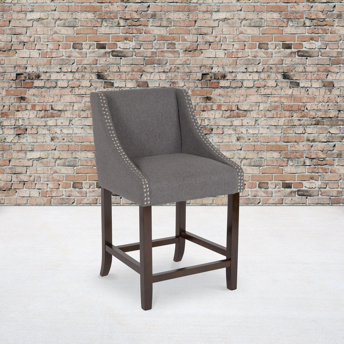 Dark Gray Fabric |#| 24inchH Walnut Counter Stool with Accent Nail Trim - Dark Gray Fabric