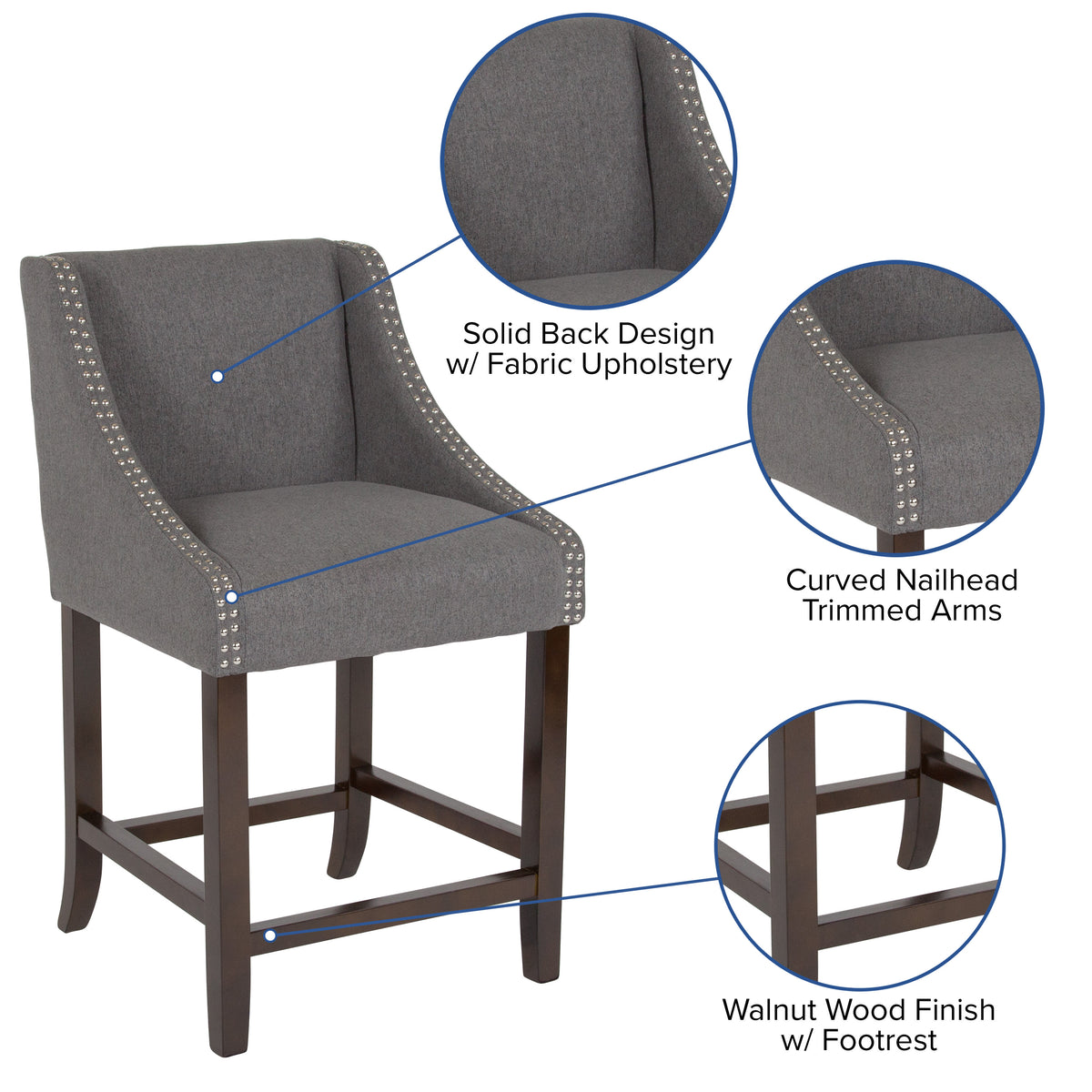 Dark Gray Fabric |#| 24inchH Walnut Counter Stool with Accent Nail Trim - Dark Gray Fabric