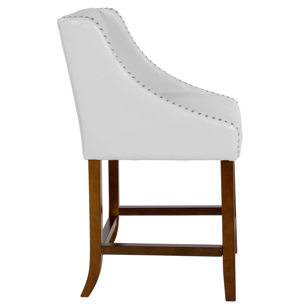 White LeatherSoft |#| 24inchH Walnut Counter Stool with Accent Nail Trim - White LeatherSoft, Set of 2