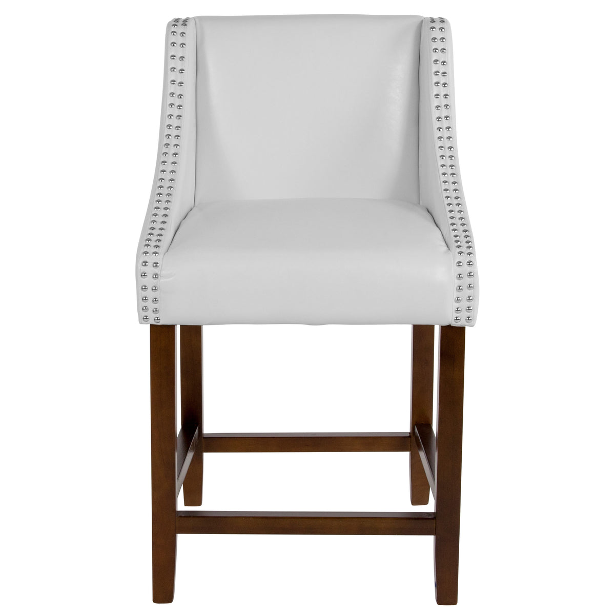 White LeatherSoft |#| 24inchH Walnut Counter Stool with Accent Nail Trim - White LeatherSoft, Set of 2