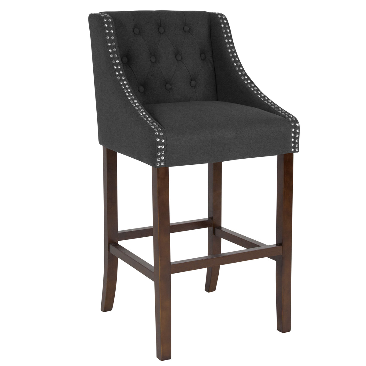 Charcoal Fabric |#| 30inch High Tufted Walnut Barstool with Accent Nail Trim in Charcoal Fabric