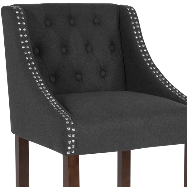 Charcoal Fabric |#| 30inch High Tufted Walnut Barstool with Accent Nail Trim in Charcoal Fabric