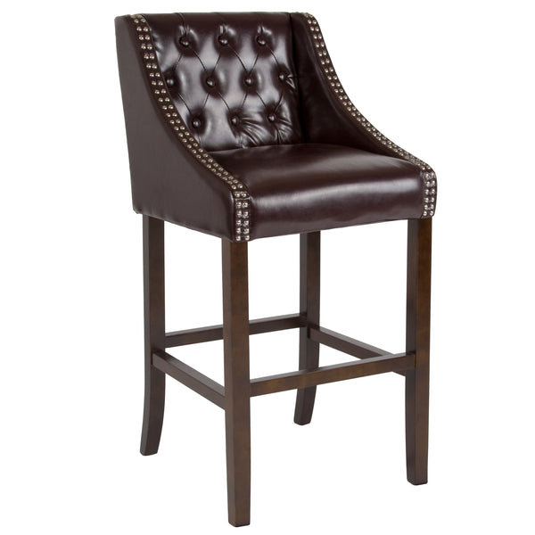 Brown LeatherSoft |#| 30inch High Tufted Walnut Barstool with Accent Nail Trim in Brown LeatherSoft