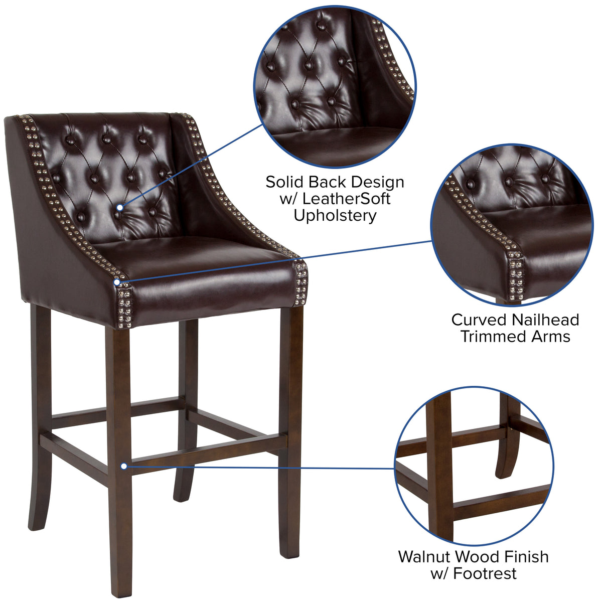 Brown LeatherSoft |#| 30inch High Tufted Walnut Barstool with Accent Nail Trim in Brown LeatherSoft