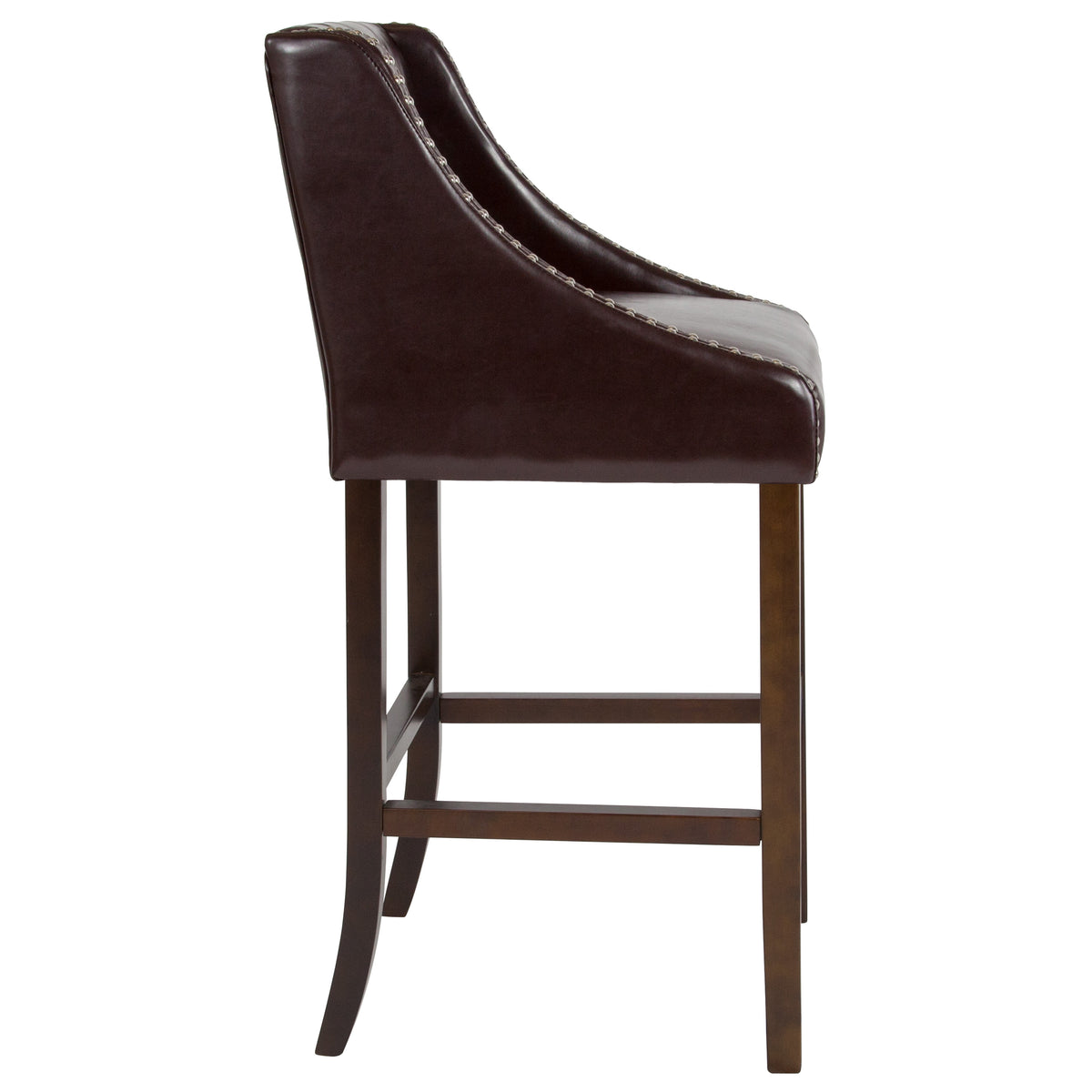 Brown LeatherSoft |#| 30inch High Tufted Walnut Barstool with Accent Nail Trim in Brown LeatherSoft