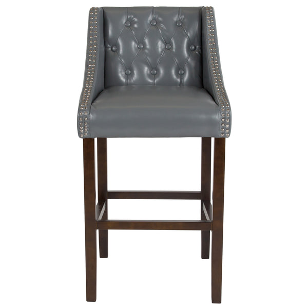 Light Gray LeatherSoft |#| 30inch High Tufted Walnut Barstool with Accent Nail Trim in Light Gray LeatherSoft