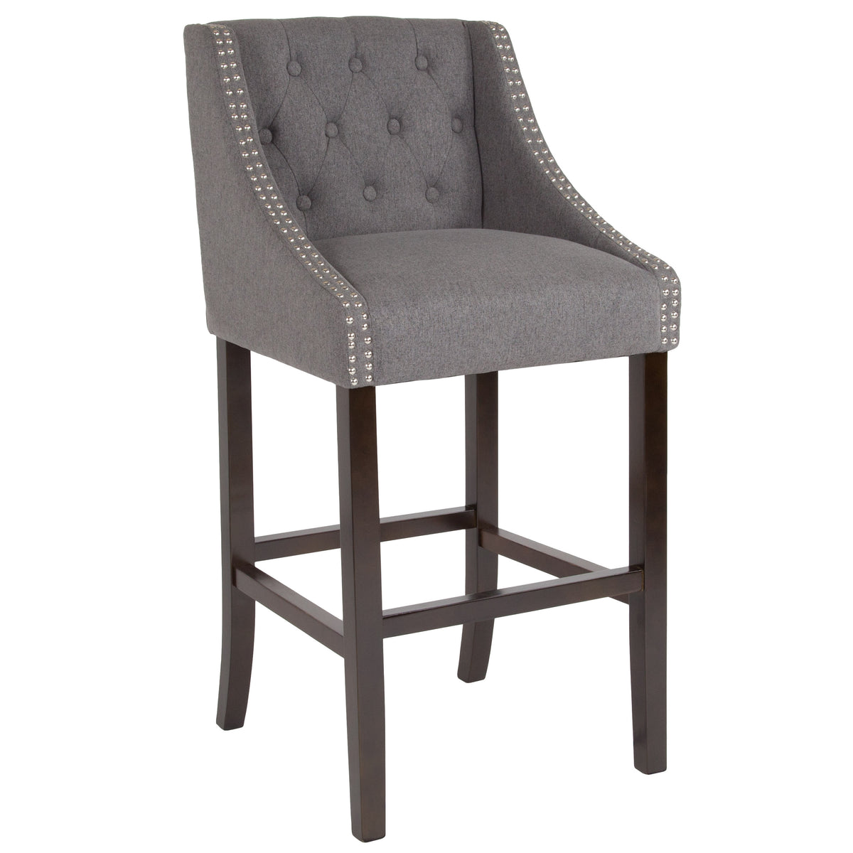 Dark Gray Fabric |#| 30inch High Tufted Walnut Barstool with Accent Nail Trim in Dark Gray Fabric