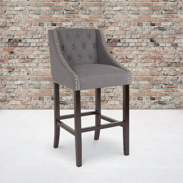 Dark Gray Fabric |#| 30inch High Tufted Walnut Barstool with Accent Nail Trim in Dark Gray Fabric