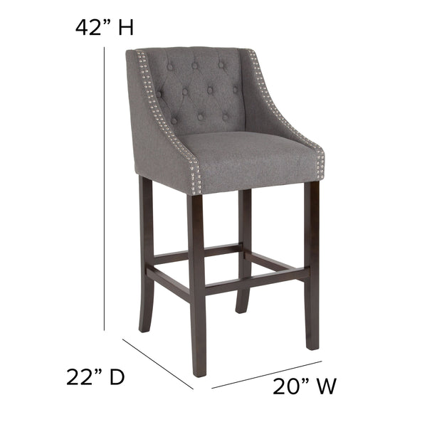 Dark Gray Fabric |#| 30inch High Tufted Walnut Barstool with Accent Nail Trim in Dark Gray Fabric