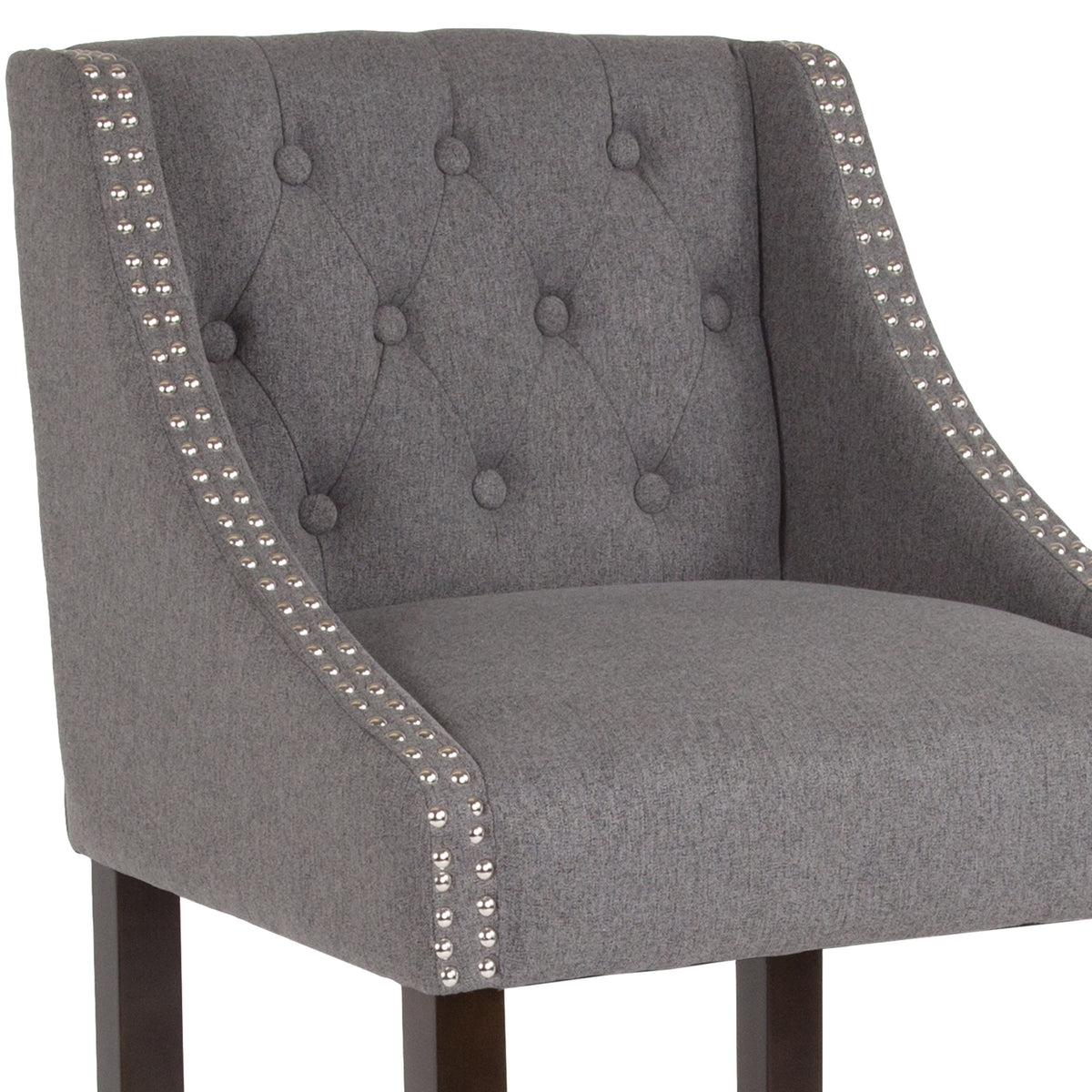 Dark Gray Fabric |#| 30inch High Tufted Walnut Barstool with Accent Nail Trim in Dark Gray Fabric