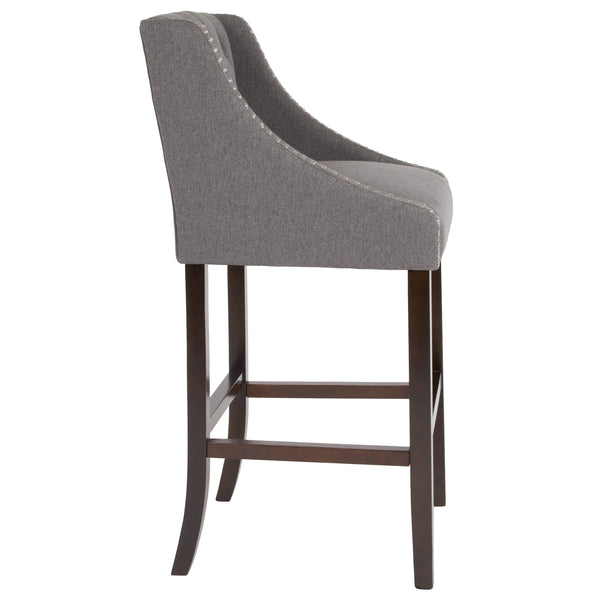 Dark Gray Fabric |#| 30inch High Tufted Walnut Barstool with Accent Nail Trim in Dark Gray Fabric