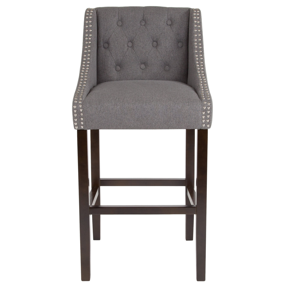 Dark Gray Fabric |#| 30inch High Tufted Walnut Barstool with Accent Nail Trim in Dark Gray Fabric