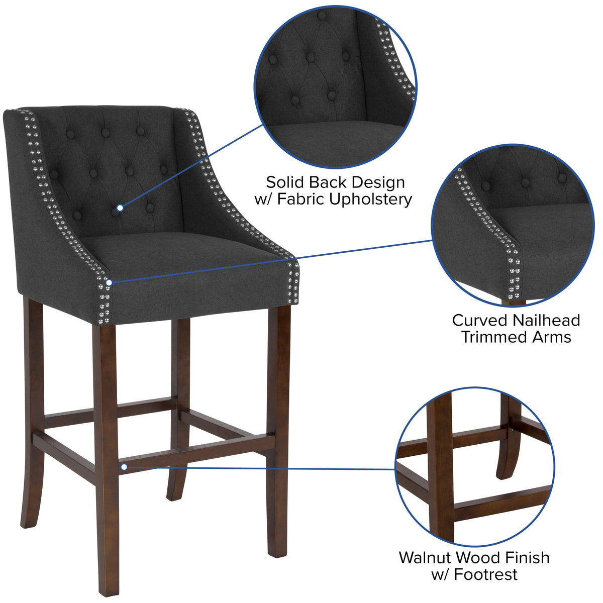 Charcoal Fabric |#| 30inch High Tufted Walnut Barstool with Accent Nail Trim in Charcoal Fabric