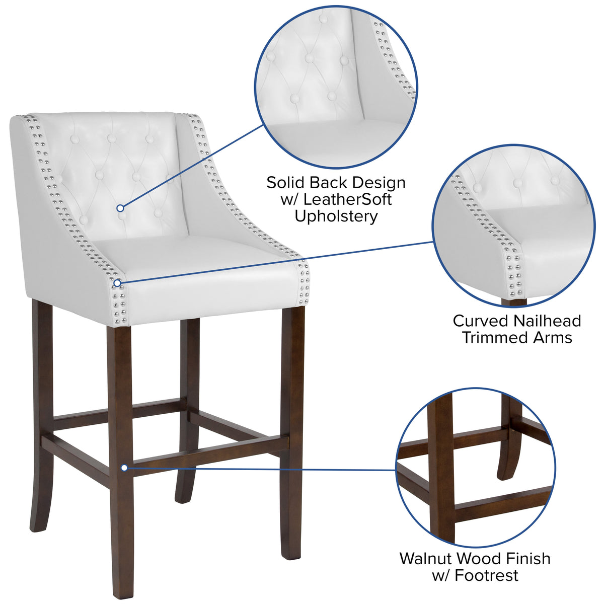 White LeatherSoft |#| 30inch High Tufted Walnut Barstool with Accent Nail Trim in White LeatherSoft