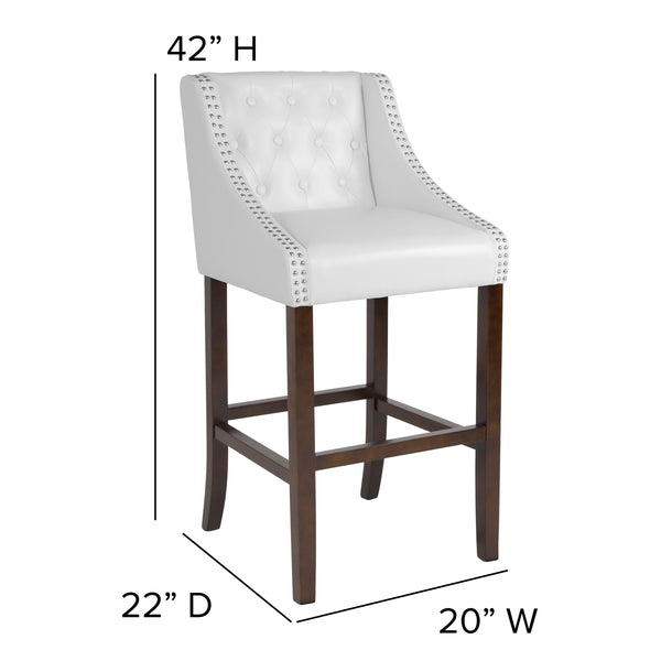 White LeatherSoft |#| 30inch High Tufted Walnut Barstool with Accent Nail Trim in White LeatherSoft