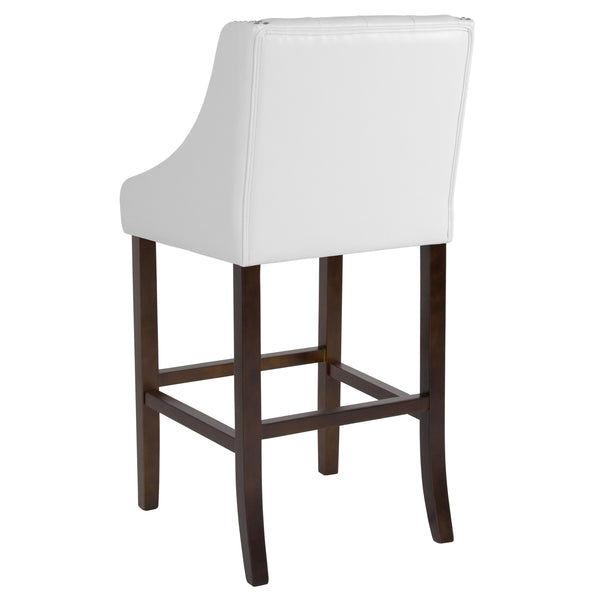 White LeatherSoft |#| 30inch High Tufted Walnut Barstool with Accent Nail Trim in White LeatherSoft