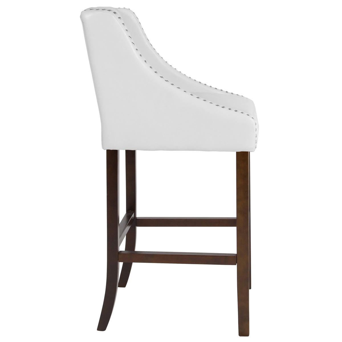 White LeatherSoft |#| 30inch High Tufted Walnut Barstool with Accent Nail Trim in White LeatherSoft