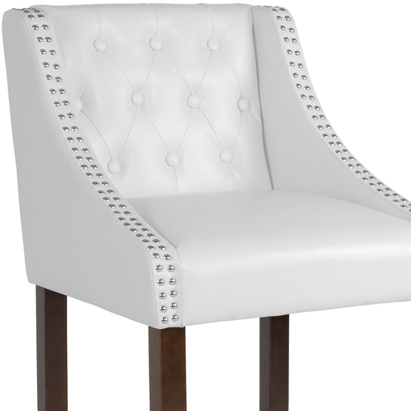 White LeatherSoft |#| 30inch High Tufted Walnut Barstool with Accent Nail Trim in White LeatherSoft