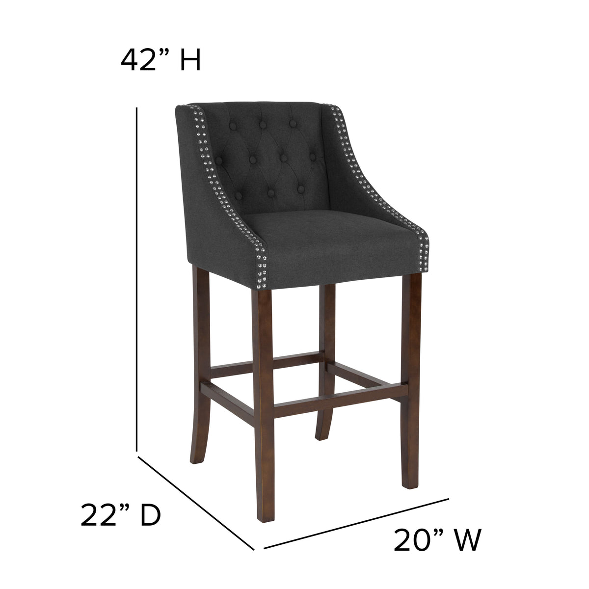 Charcoal Fabric |#| 30inch High Tufted Walnut Barstool with Accent Nail Trim in Charcoal Fabric