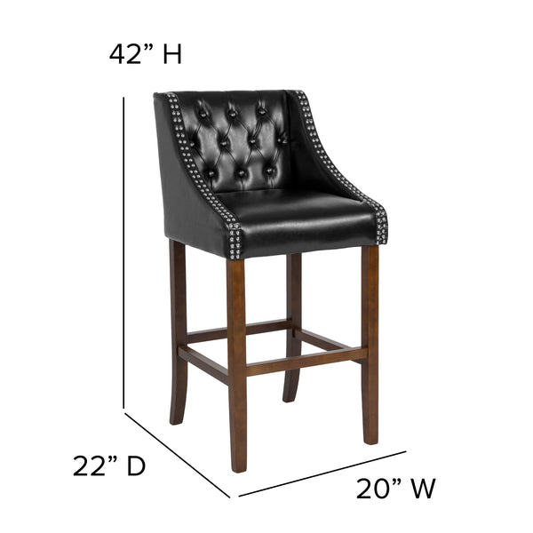 Black LeatherSoft |#| 30inch High Tufted Walnut Barstool with Accent Nail Trim in Black LeatherSoft