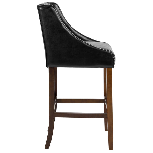 Black LeatherSoft |#| 30inch High Tufted Walnut Barstool with Accent Nail Trim in Black LeatherSoft