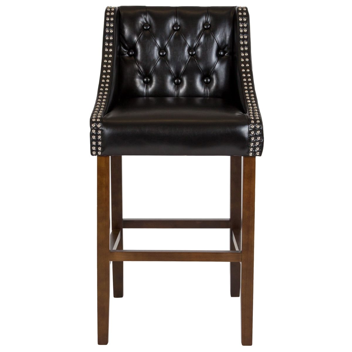 Black LeatherSoft |#| 30inch High Tufted Walnut Barstool with Accent Nail Trim in Black LeatherSoft