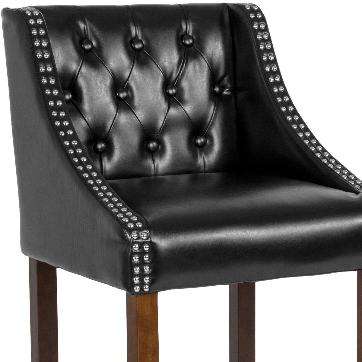 Black LeatherSoft |#| 30inch High Tufted Walnut Barstool with Accent Nail Trim in Black LeatherSoft