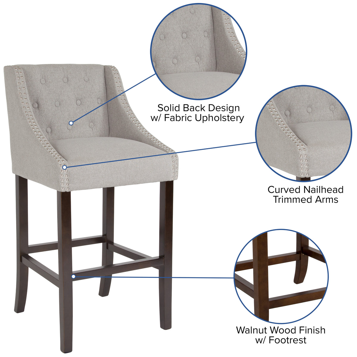 Light Gray Fabric |#| 30inch High Tufted Walnut Barstool with Accent Nail Trim in Light Gray Fabric