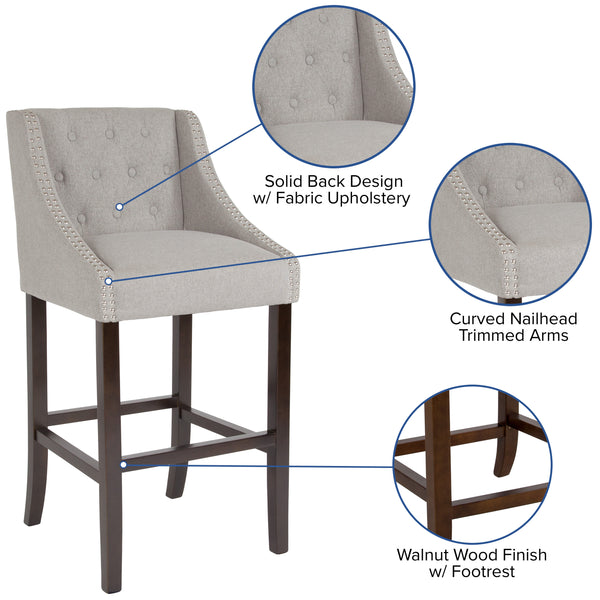 Light Gray Fabric |#| 30inch High Tufted Walnut Barstool with Accent Nail Trim in Light Gray Fabric