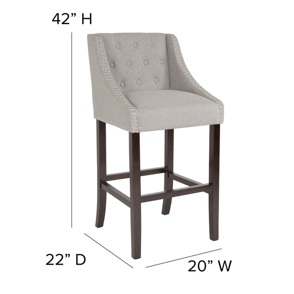 Light Gray Fabric |#| 30inch High Tufted Walnut Barstool with Accent Nail Trim in Light Gray Fabric