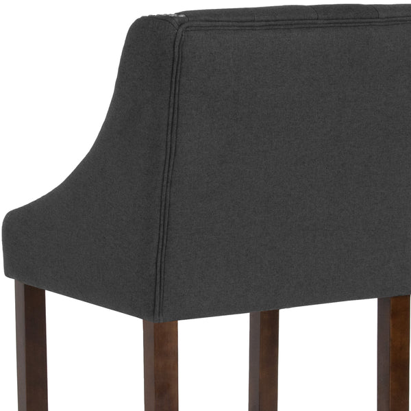 Charcoal Fabric |#| 30inch High Tufted Walnut Barstool with Accent Nail Trim in Charcoal Fabric