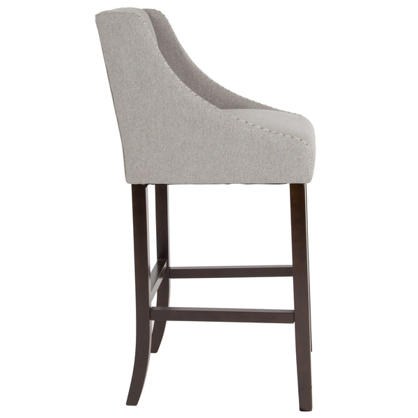 Light Gray Fabric |#| 30inch High Tufted Walnut Barstool with Accent Nail Trim in Light Gray Fabric